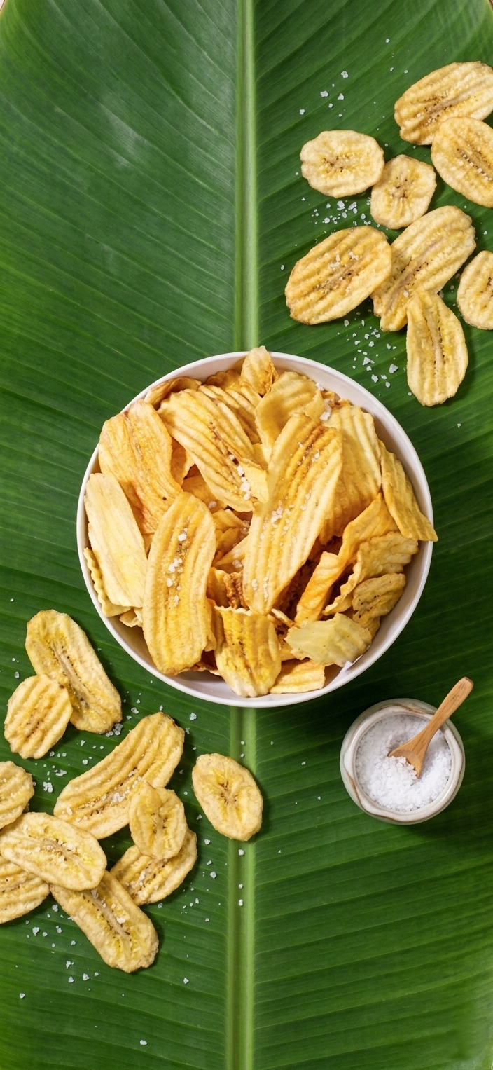 Crinkle banana chips served on a banana leaf