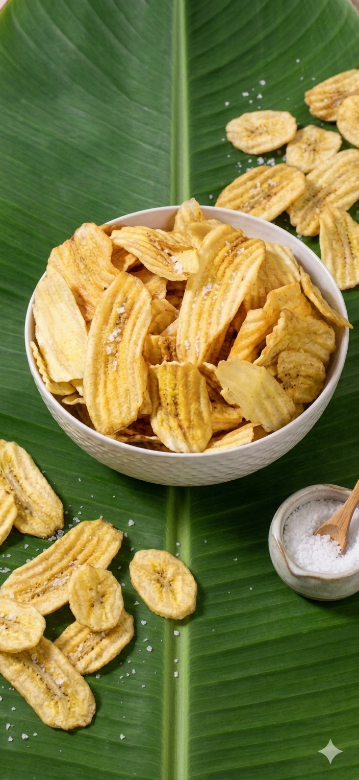Crinkle banana chips served on a banana leaf