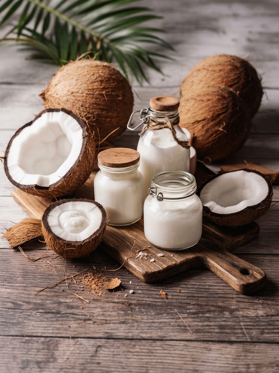 Coconuts and coconut milk on a wooden table