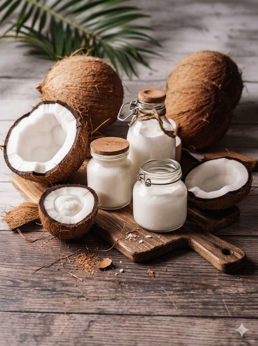 Coconuts and coconut milk on a wooden table