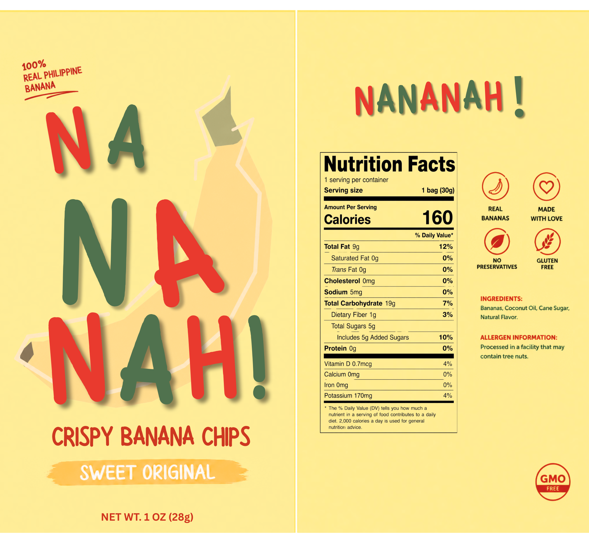 Front and back packaging layout for NANANAH crispy banana chips