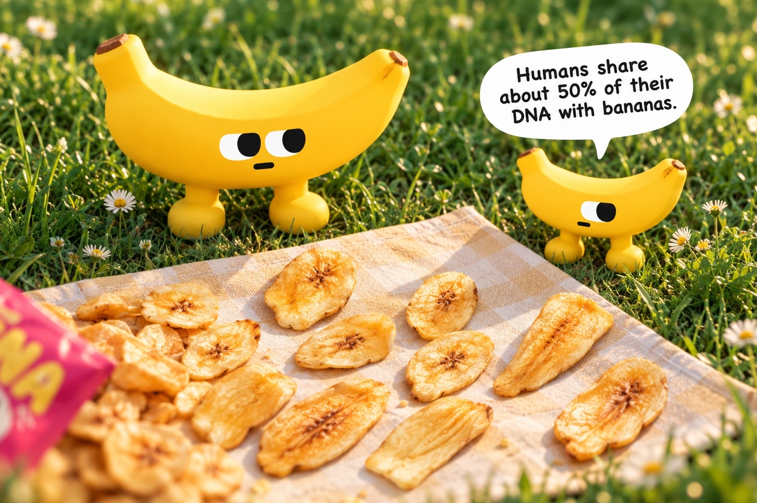 Two banana characters on a picnic blanket full of banana chips. The small one says: humans share about 50% of their DNA with bananas.
