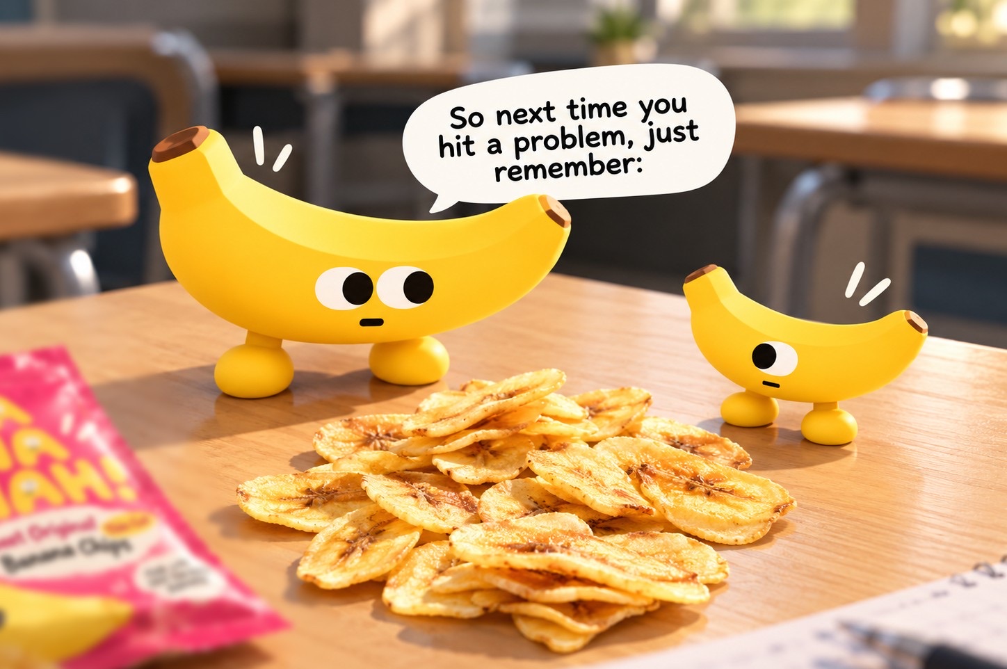 The banana characters at a classroom desk with a pile of chips. The big one says: so next time you hit a problem, just remember: