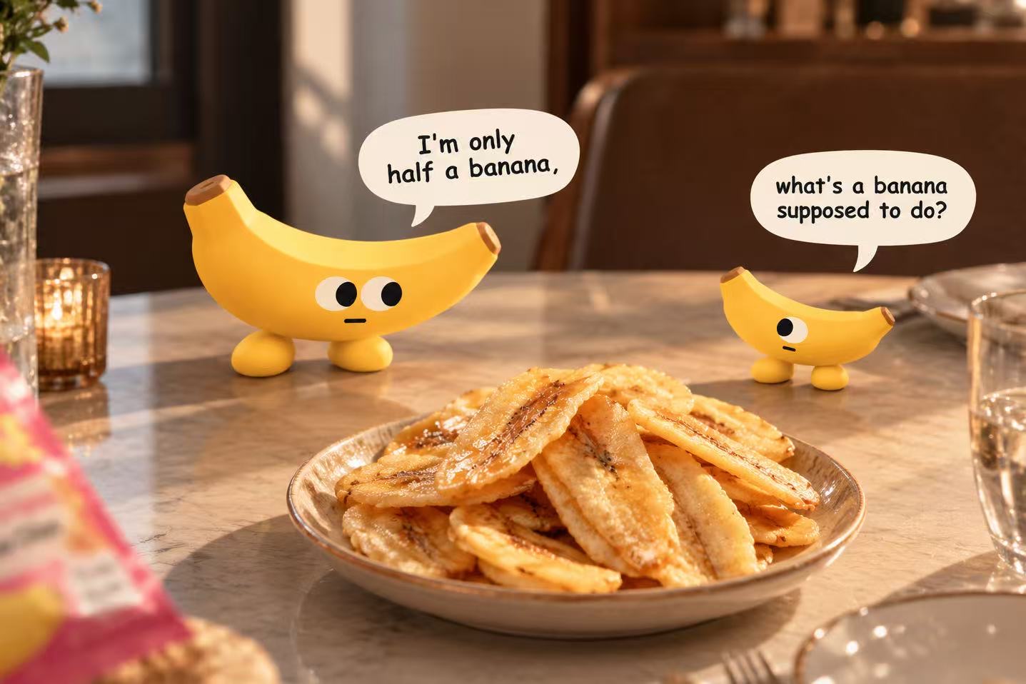 The banana characters at a dinner table with a plate of chips. Big: I'm only half a banana, Small: what's a banana supposed to do?